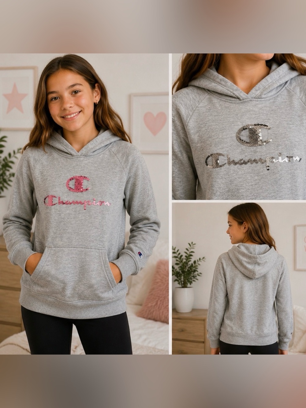 🌸445 Champion Girls XL Heather Gray Sequin Logo Hoodie Pink Silver Flip Sequin